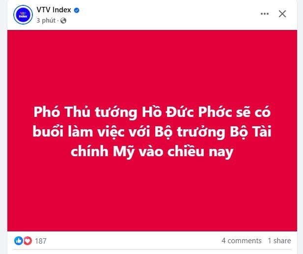 Phó Thủ tướng Hồ Đức Phớc sẽ có buổi làm việc với Bộ trưởng Bộ Tài chính Mỹ vào chiều nay (9/4)