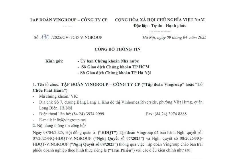 Vingroup (VIC) muốn huy động 7.000 tỷ thông qua phát hành trái phiếu riêng lẻ
