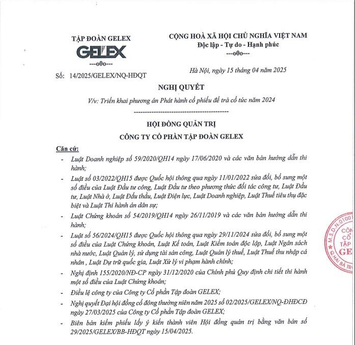 Gelex sắp chi 429 tỷ đồng trả cổ tức bằng tiền mặt