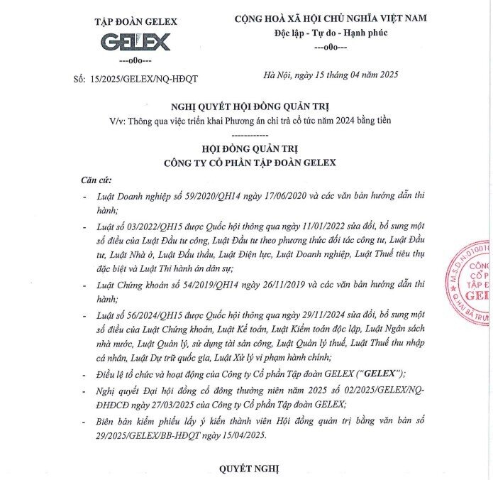 Gelex sắp chi 429 tỷ đồng trả cổ tức bằng tiền mặt