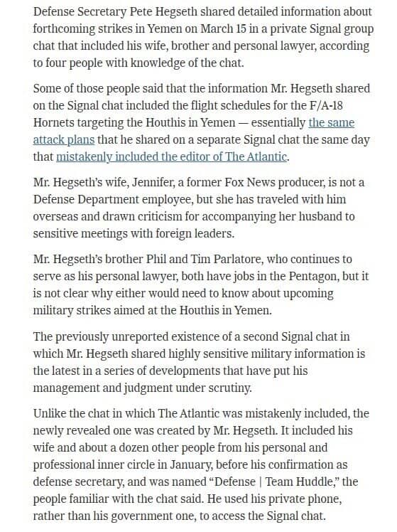 Bộ trưởng Quốc phòng Mỹ để lộ thông tin quân sự trong nhóm chat với vợ, anh trai và luật sư riêng