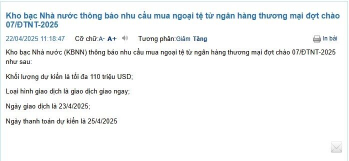 Kho bạc Nhà nước chào mua thêm 110 triệu USD từ các ngân hàng