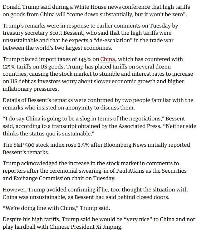 Ông Trump bất ngờ dịu giọng, tuyên bố thuế quan với Trung Quốc sẽ giảm đáng kể