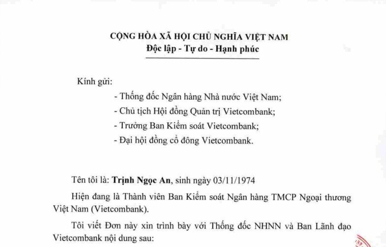 Ông Trịnh Ngọc An xin từ nhiệm vị trí Thành viên Ban Kiểm soát Vietcombank