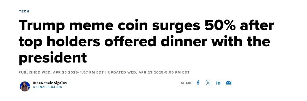 Memecoin của ông Trump tăng dựng đứng hơn 60% sau lời mời ăn tối riêng với tổng thống