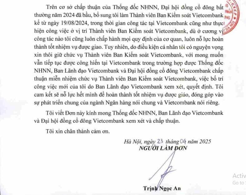 Ông Trịnh Ngọc An xin từ nhiệm vị trí Thành viên Ban Kiểm soát Vietcombank