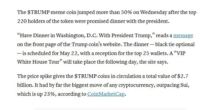 Memecoin của ông Trump tăng dựng đứng hơn 60% sau lời mời ăn tối riêng với tổng thống