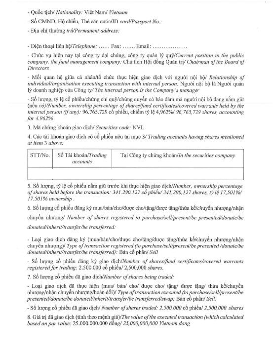 Ông Bùi Cao Nhật Quân bán ra bất thành 2,92 triệu cổ phiếu NVL