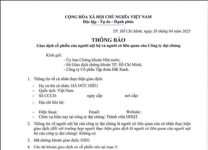 Một thành viên HĐQT Tập đoàn Đất Xanh muốn ‘gom’ 5 triệu cổ phiếu DXG