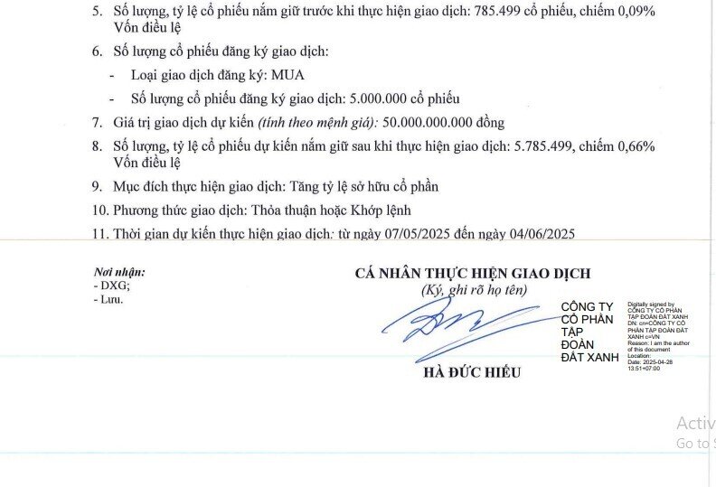 Một thành viên HĐQT Tập đoàn Đất Xanh muốn ‘gom’ 5 triệu cổ phiếu DXG