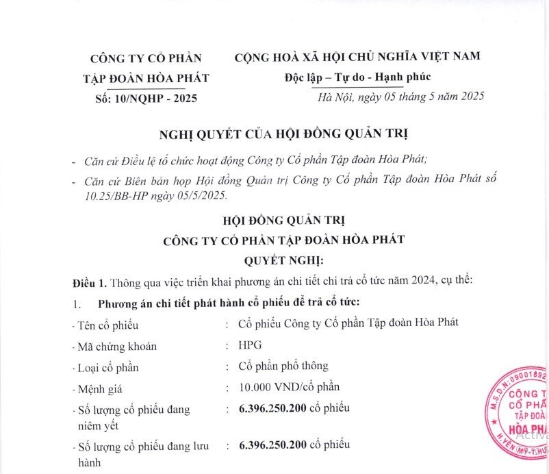 Hòa Phát triển khai phương án trả cổ tức 20% bằng cổ phiếu