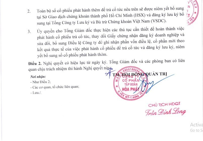 Hòa Phát triển khai phương án trả cổ tức 20% bằng cổ phiếu