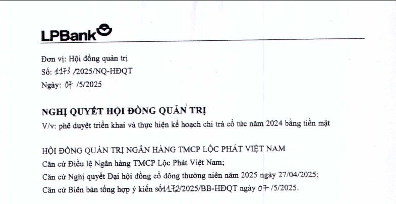 LPBank sẽ trả cổ tức tiền mặt 25% vào cuối tháng 5