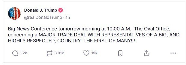 Hôm nay, ông Trump sẽ mở họp báo về thoả thuận thương mại với một 'nước lớn'