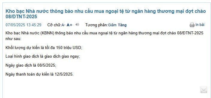 Kho bạc Nhà nước tiếp tục chào mua ngoại tệ