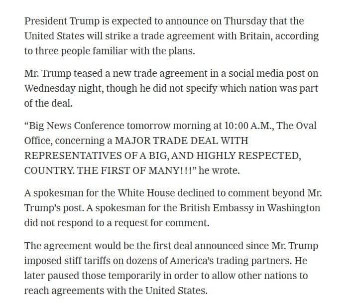 Mỹ và Anh sẽ công bố thỏa thuận thương mại trong ngày hôm nay