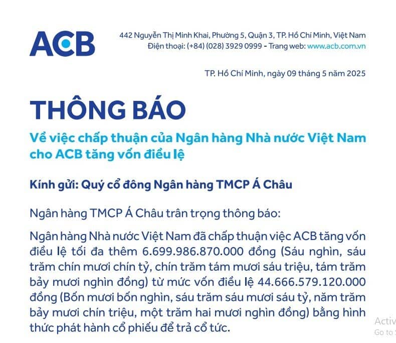 ACB được chấp thuận tăng vốn lên gần 51.400 tỷ đồng