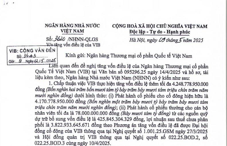 NHNN chấp thuận cho VIB tăng vốn thêm gần 4.300 tỷ đồng