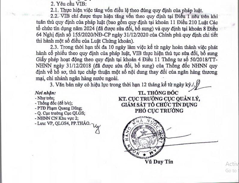 NHNN chấp thuận cho VIB tăng vốn thêm gần 4.300 tỷ đồng