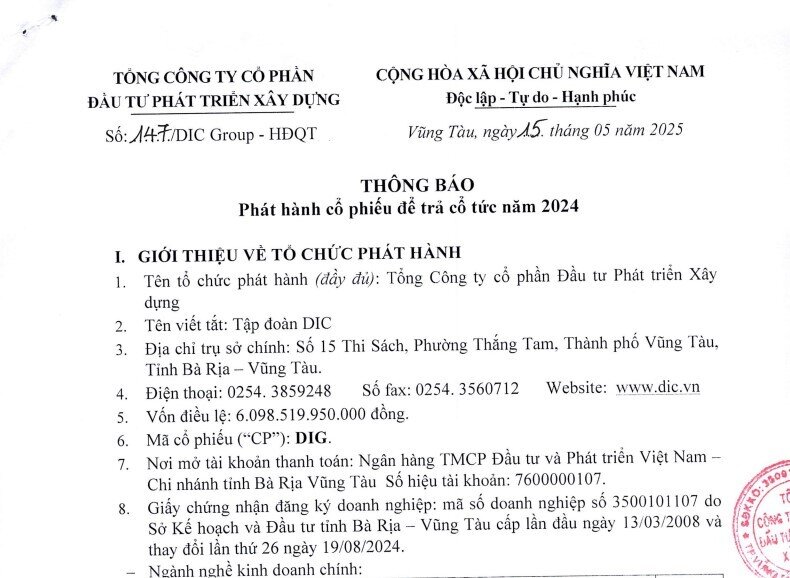 DIC Corp dự kiến phát hành hơn 36 triệu cổ phiếu trả cổ tức