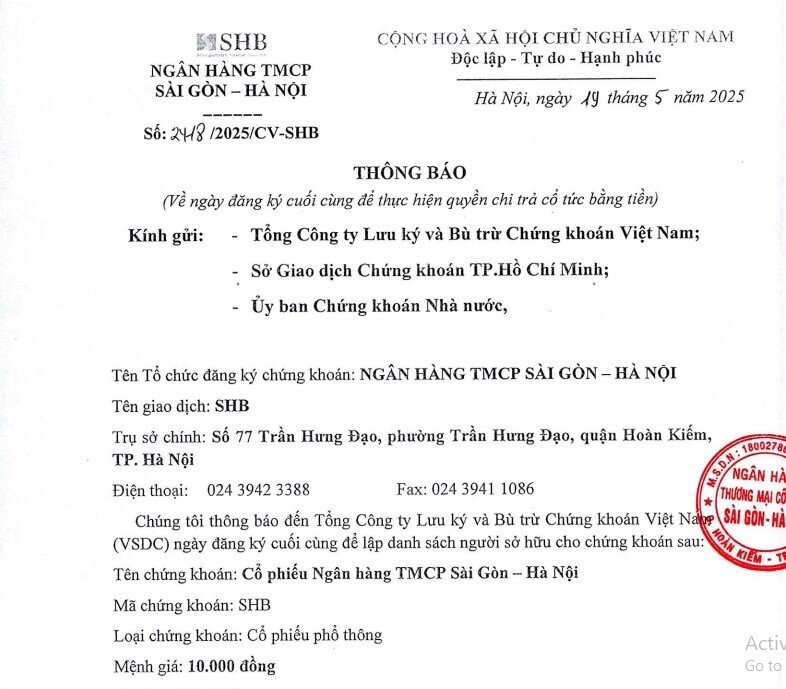 Ngày 10/6, SHB chốt danh sách cổ đông để chi trả cổ tức bằng tiền năm 2024