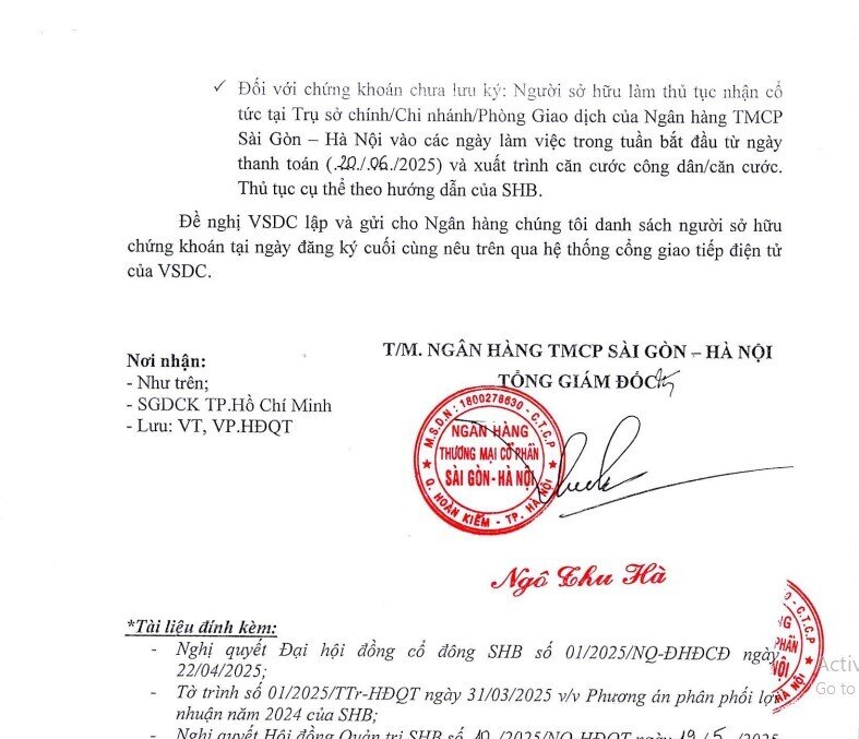 Ngày 10/6, SHB chốt danh sách cổ đông để chi trả cổ tức bằng tiền năm 2024