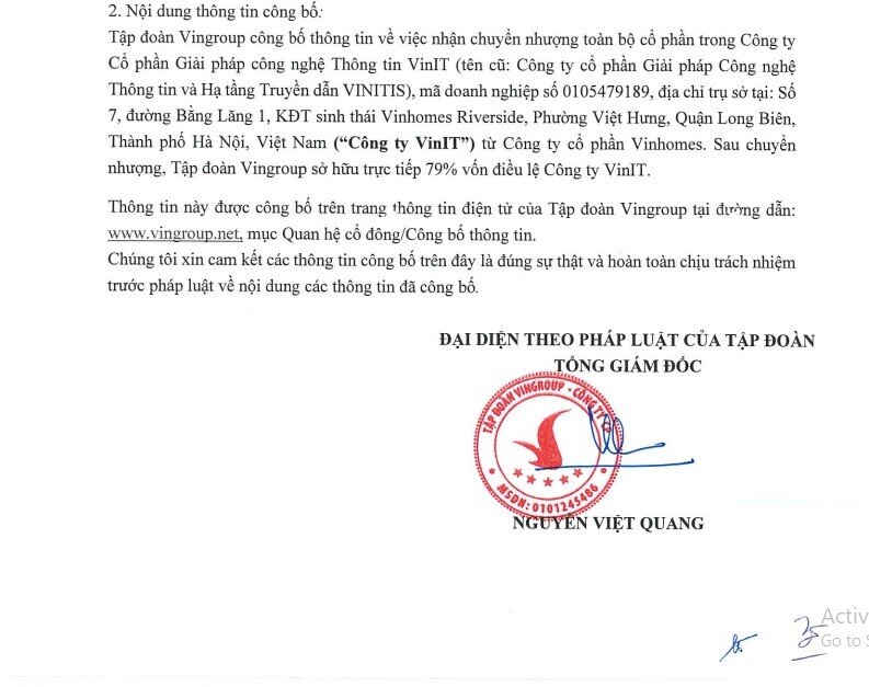 Vingroup nhận chuyển nhượng 79% cổ phần một công ty công nghệ từ Vinhomes