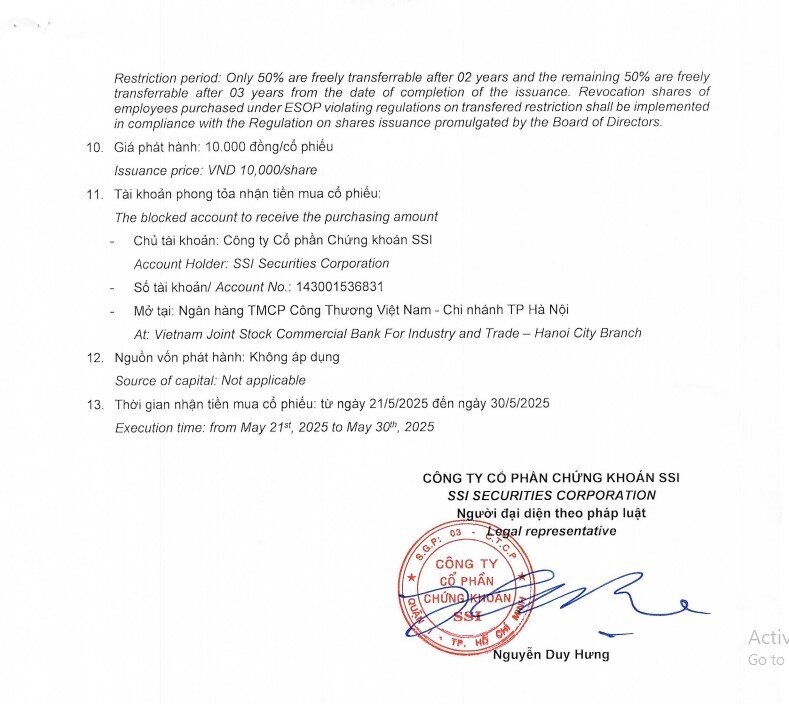 SSI phát hành 10 triệu cổ phiếu ESOP