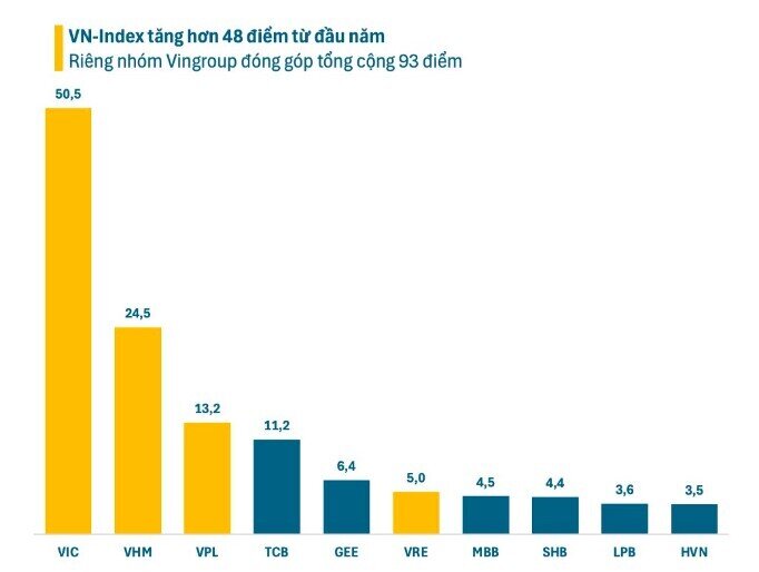 Cổ phiếu “họ” Vin đóng góp gần 100 điểm từ đầu năm 2025