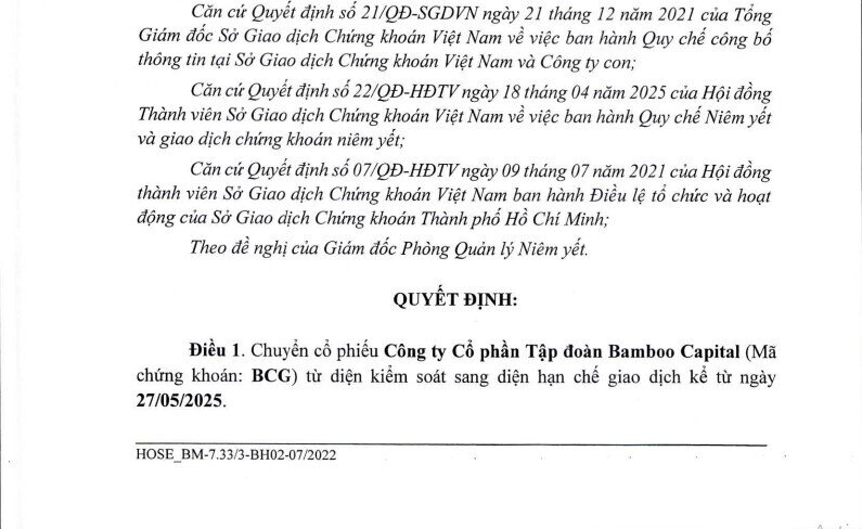 Cổ phiếu Bamboo Capital bị hạn chế giao dịch