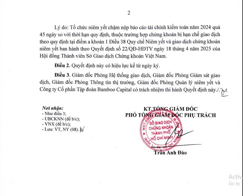 Cổ phiếu Bamboo Capital bị hạn chế giao dịch