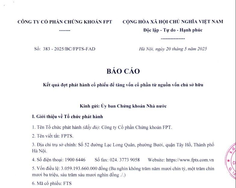 FTS tăng vốn điều lệ lên 3.365 tỷ đồng sau đợt phát hành cổ phiếu thưởng