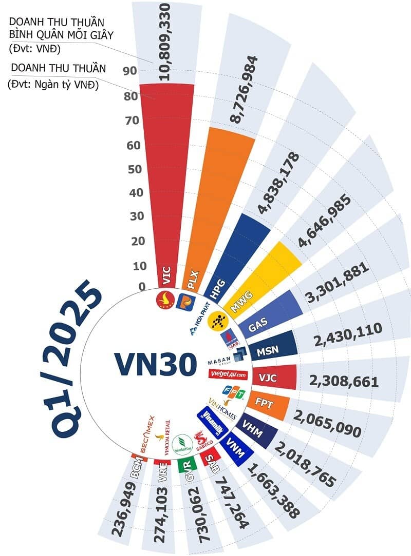 Cuộc đua lợi nhuận VN30 quý 1/2025: VIC, HPG và GAS dẫn đầu