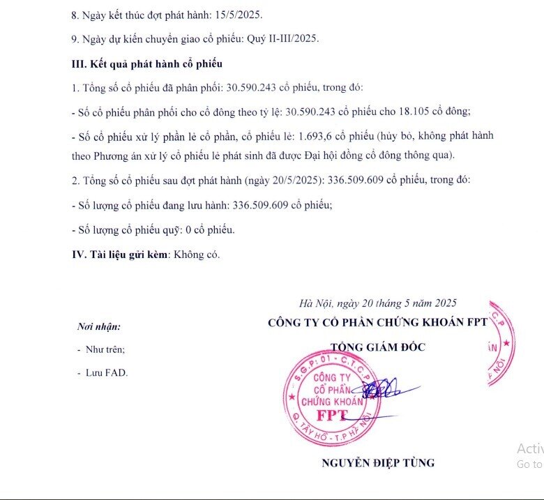 FTS tăng vốn điều lệ lên 3.365 tỷ đồng sau đợt phát hành cổ phiếu thưởng