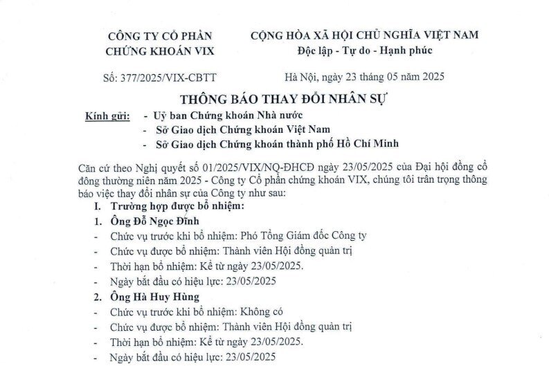 Biến động nhân sự tại Chứng khoán VIX
