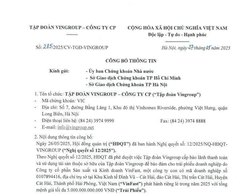 Vingroup bảo lãnh cho VinFast phát hành tối đa 5.000 tỷ đồng trái phiếu