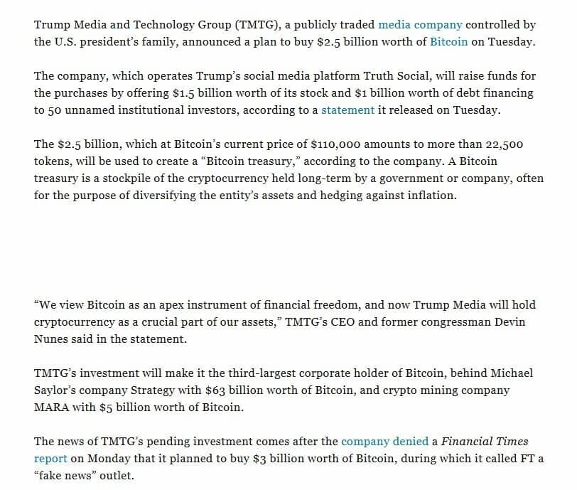 Trump Media công bố sẽ phát hành cổ phiếu và vay nợ để lập quỹ dự trữ bitcoin 2,5 tỷ USD