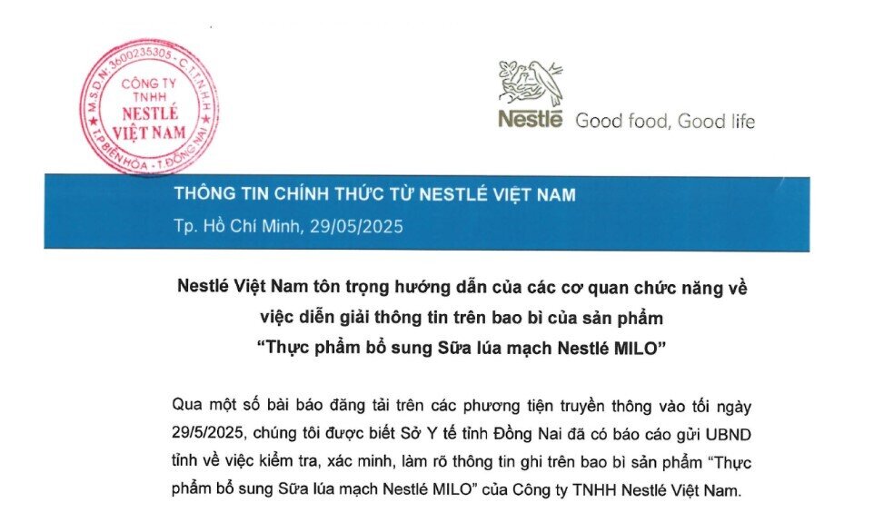 Nestlé Việt Nam lên tiếng về việc sữa lúa mạch Nestle' Milo "có dấu hiệu lừa dối người tiêu dùng"