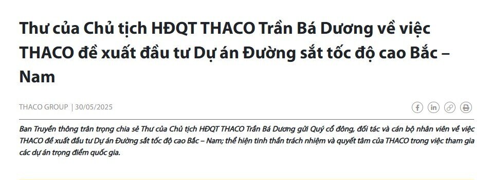 Ông Trần Bá Dương viết tâm thư về việc THACO đề xuất đầu tư Dự án Đường sắt tốc độ cao Bắc – Nam