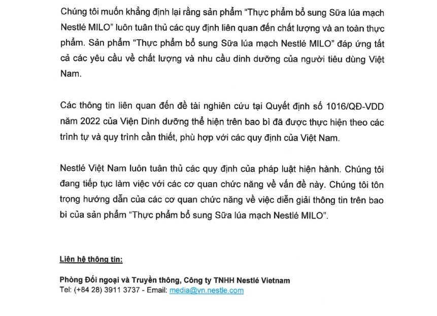 Nestlé Việt Nam lên tiếng về việc sữa lúa mạch Nestle' Milo "có dấu hiệu lừa dối người tiêu dùng"