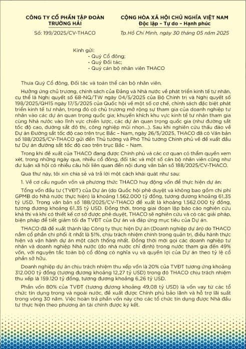 Ông Trần Bá Dương viết tâm thư về việc THACO đề xuất đầu tư Dự án Đường sắt tốc độ cao Bắc – Nam