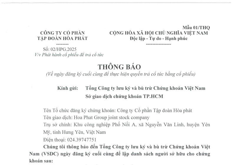 Hòa Phát chốt ngày phát hành thêm gần 1,3 tỷ cổ phiếu trả cổ tức ngay trong tháng 6