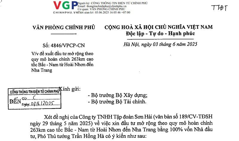 Chỉ 5 ngày sau đề xuất của Tập đoàn Sơn Hải về việc mở rộng 263km cao tốc Bắc – Nam, Văn phòng Chính phủ chính thức có phản hồi