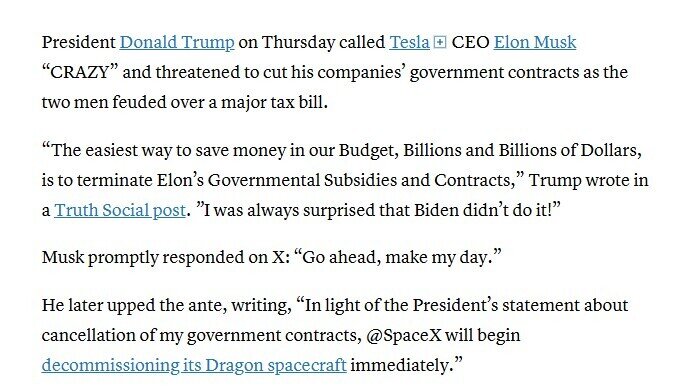 Elon Musk trách ông Trump 'bội ơn', tổng thống Mỹ doạ cắt mọi trợ cấp và hợp đồng, cổ phiếu Tesla lao dốc