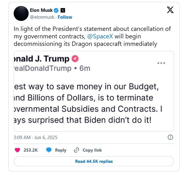 Elon Musk trách ông Trump 'bội ơn', tổng thống Mỹ doạ cắt mọi trợ cấp và hợp đồng, cổ phiếu Tesla lao dốc