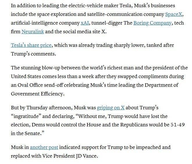 Elon Musk trách ông Trump 'bội ơn', tổng thống Mỹ doạ cắt mọi trợ cấp và hợp đồng, cổ phiếu Tesla lao dốc