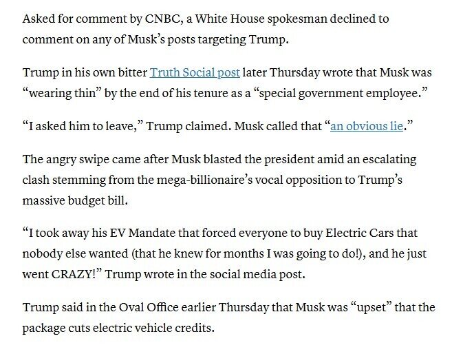 Elon Musk trách ông Trump 'bội ơn', tổng thống Mỹ doạ cắt mọi trợ cấp và hợp đồng, cổ phiếu Tesla lao dốc