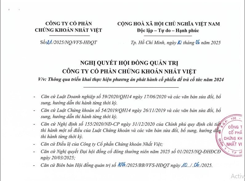 Chứng khoán Nhất Việt sẽ phát hành 10,3 triệu cổ phiếu trả cổ tức 2024