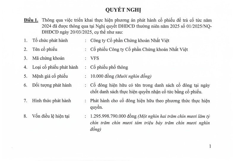 Chứng khoán Nhất Việt sẽ phát hành 10,3 triệu cổ phiếu trả cổ tức 2024