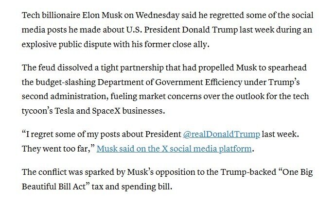 Tỷ phú Elon Musk hối hận vì "đấu khẩu" với Tổng thống Trump